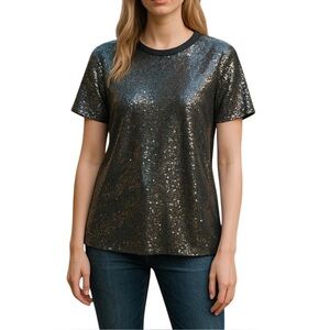 DKNY Womens Black Sequin Embellished Short Sleeve Top Size XL Crew Neck